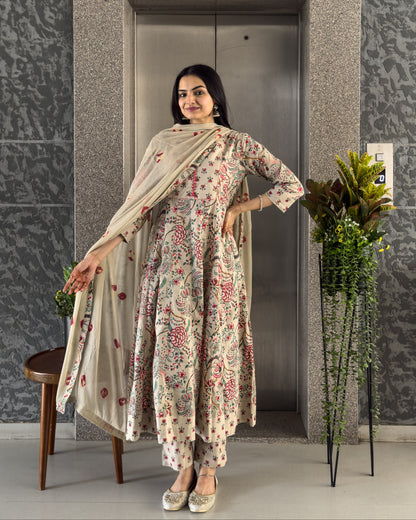 Grey Anarkali Kurta Pant Set with Dupatta