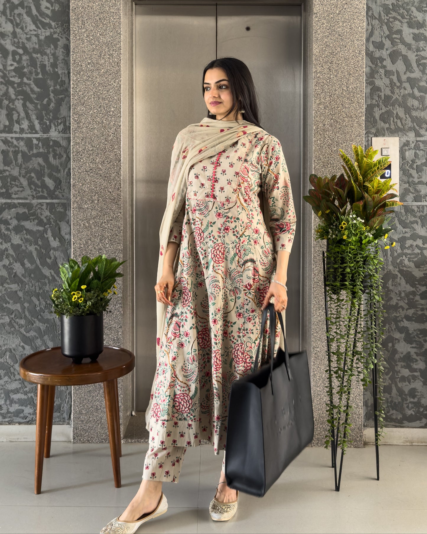 Grey Anarkali Kurta Pant Set with Dupatta