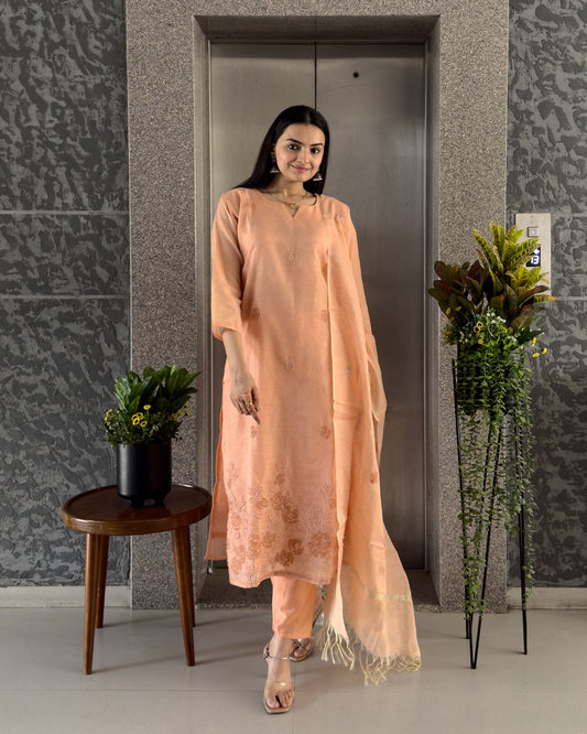 Peach Straight Kurta Pant Set with Dupatta