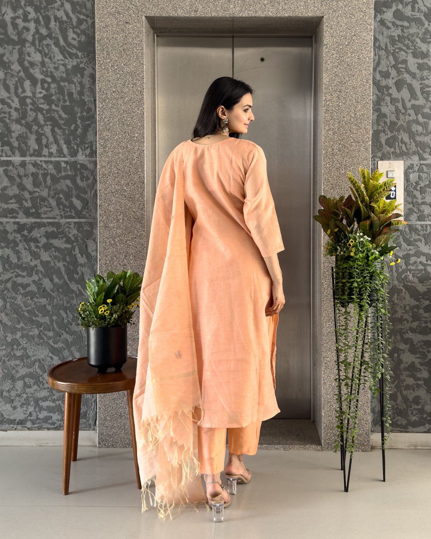 Peach Straight Kurta Pant Set with Dupatta