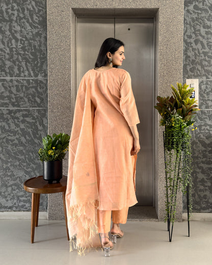 Peach Straight Kurta Pant Set with Dupatta