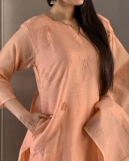 Peach Straight Kurta Pant Set with Dupatta