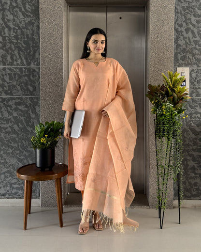 Peach Straight Kurta Pant Set with Dupatta