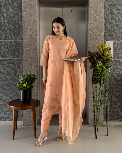 Peach Straight Kurta Pant Set with Dupatta
