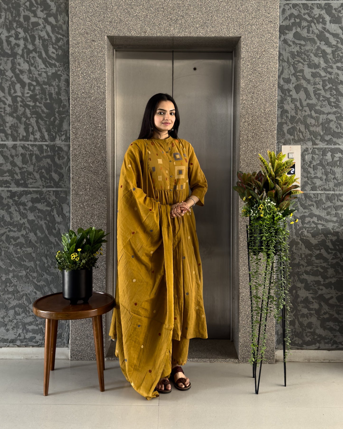 Yellow Cotton Round Kurta Pant Set with Dupatta