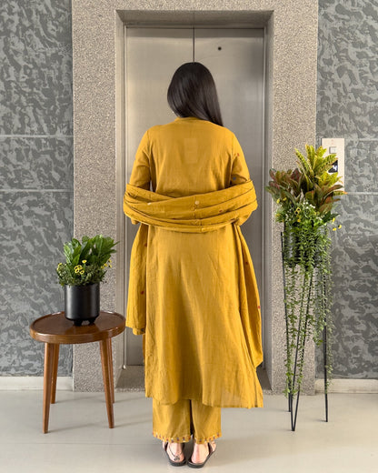 Yellow Cotton Round Kurta Pant Set with Dupatta