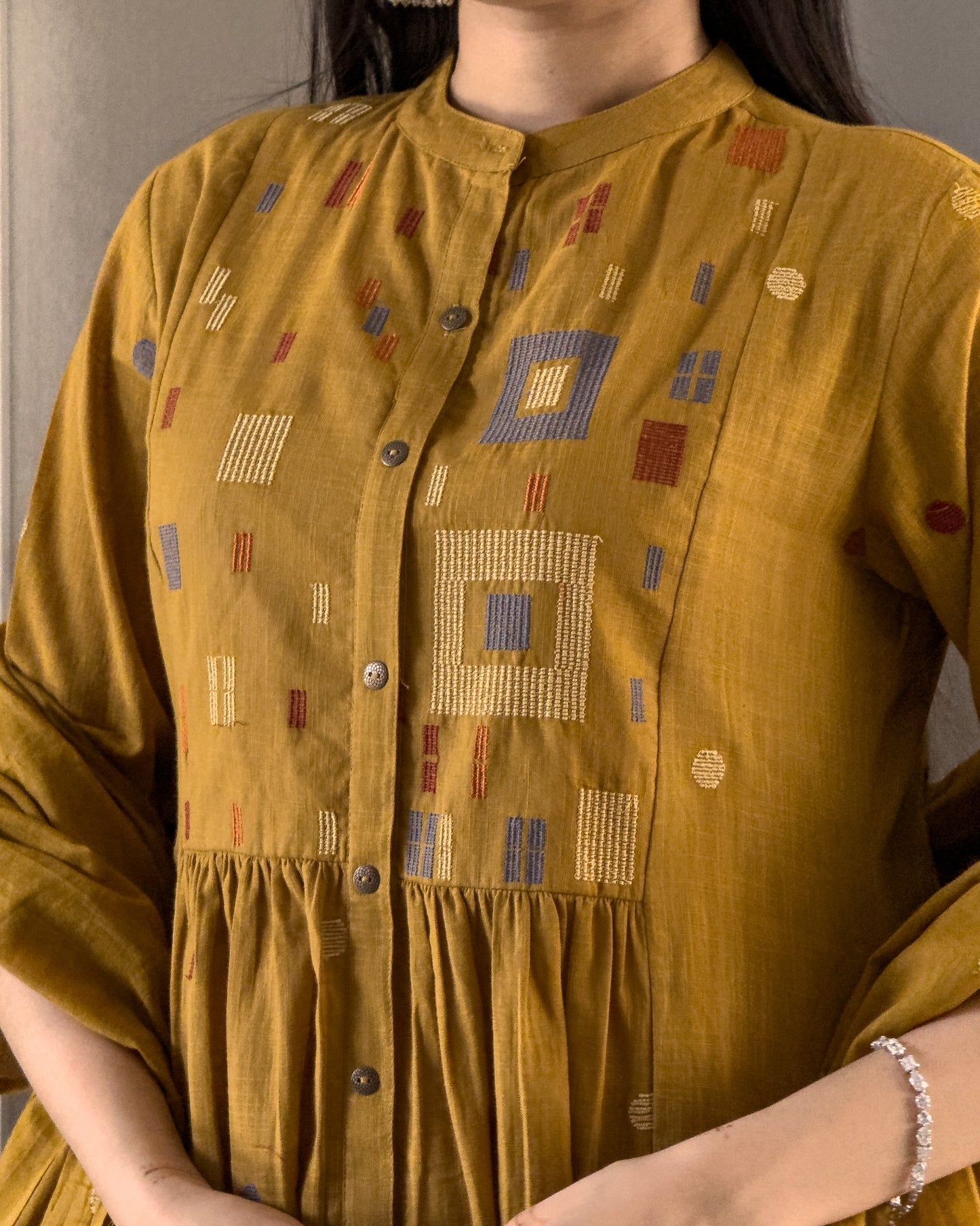 Yellow Cotton Round Kurta Pant Set with Dupatta