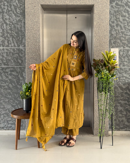 Yellow Cotton Round Kurta Pant Set with Dupatta