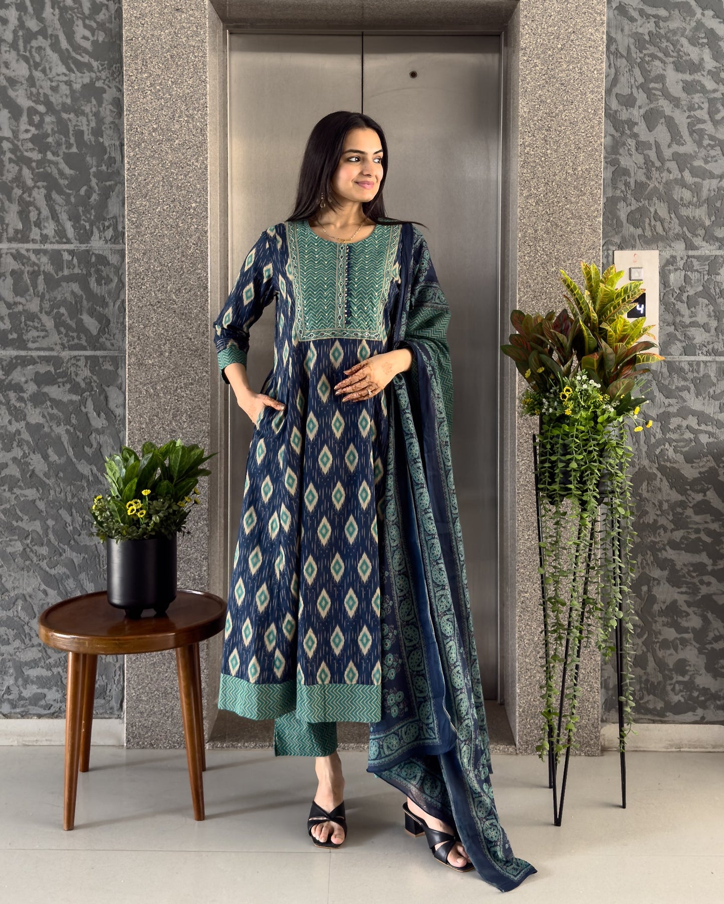 Blue Anarkali Kurta Pant Set with Dupatta