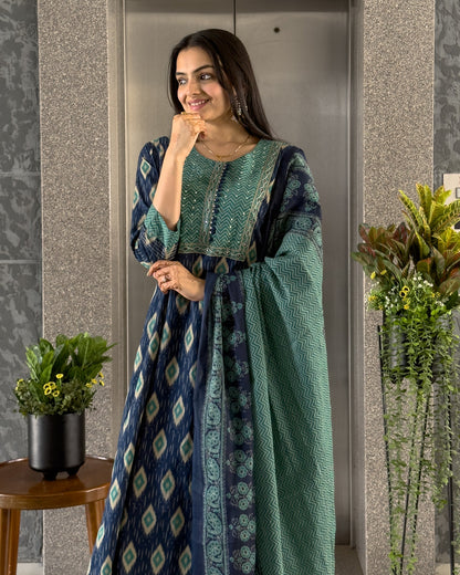 Blue Anarkali Kurta Pant Set with Dupatta