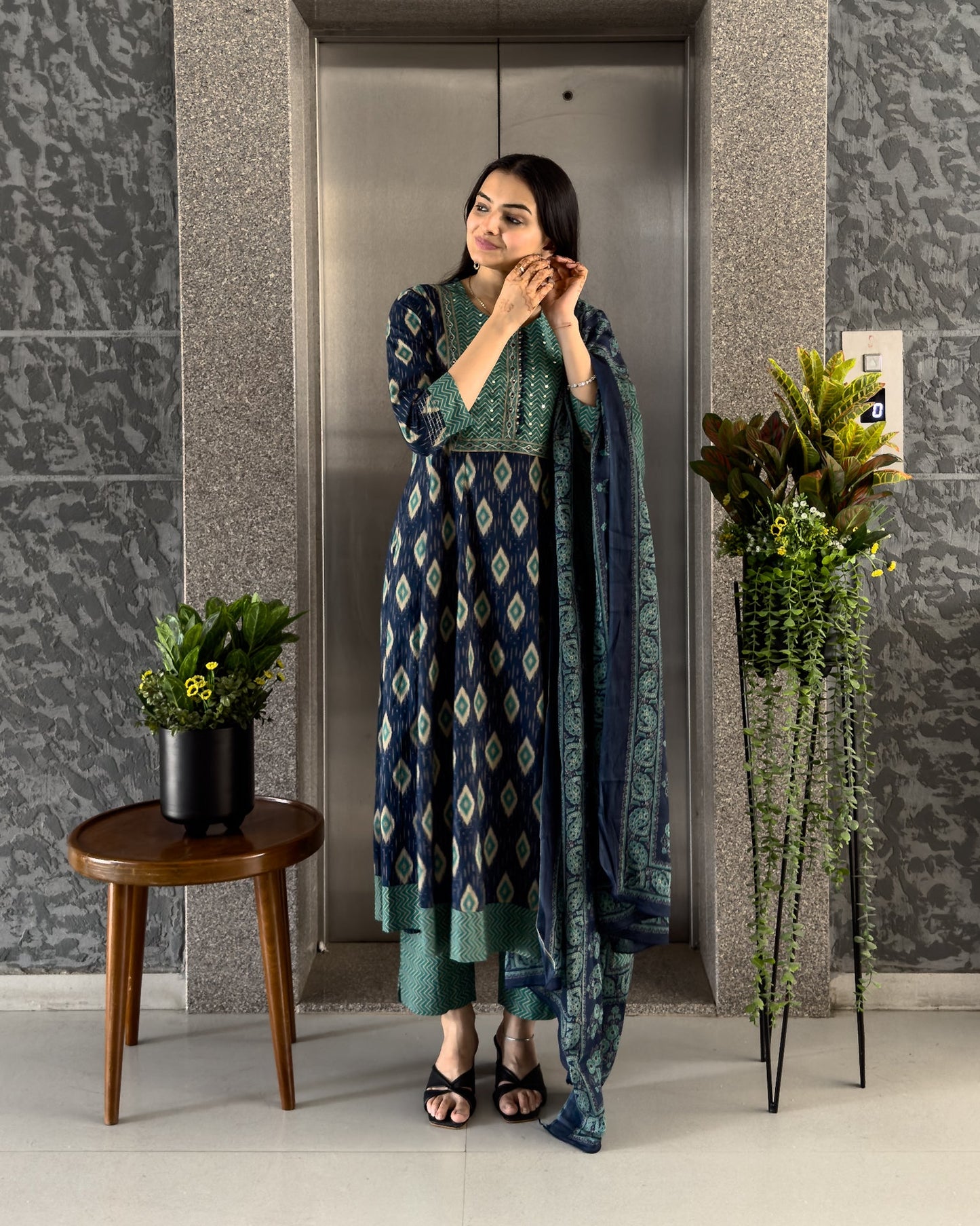 Blue Anarkali Kurta Pant Set with Dupatta