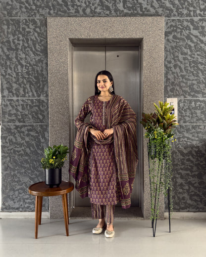 Purple Cotton Kurta Pant Set with Dupatta