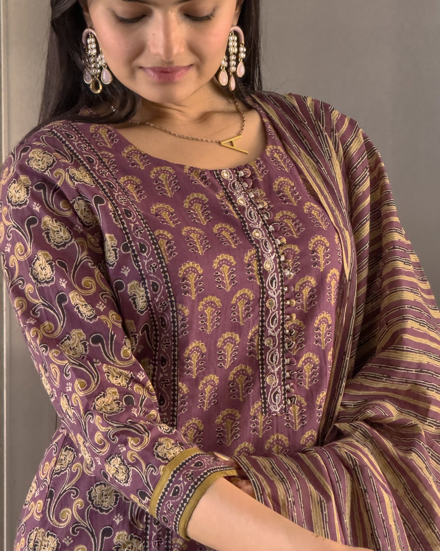 Purple Cotton Kurta Pant Set with Dupatta