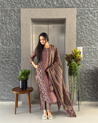 Purple Cotton Kurta Pant Set with Dupatta