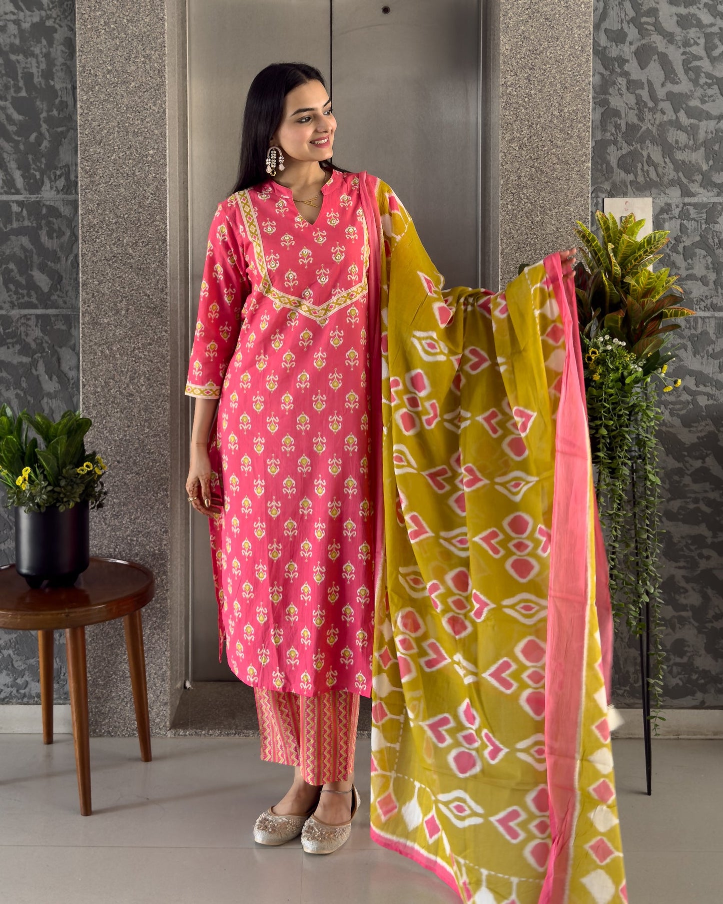 Pink Cotton Kurta Palazzo Set with Dupatta