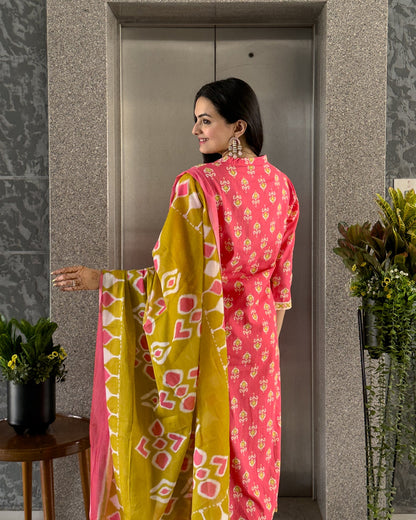 Pink Cotton Kurta Palazzo Set with Dupatta