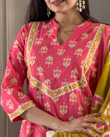 Pink Cotton Kurta Palazzo Set with Dupatta