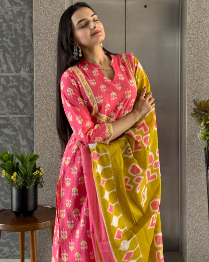 Pink Cotton Kurta Palazzo Set with Dupatta