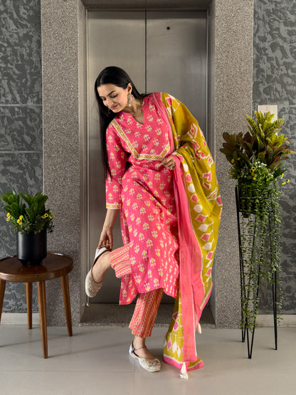 Pink Cotton Kurta Palazzo Set with Dupatta