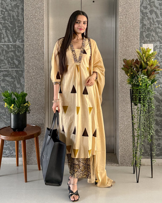 Cream A-Line Kurta Palazzo Set with Dupatta