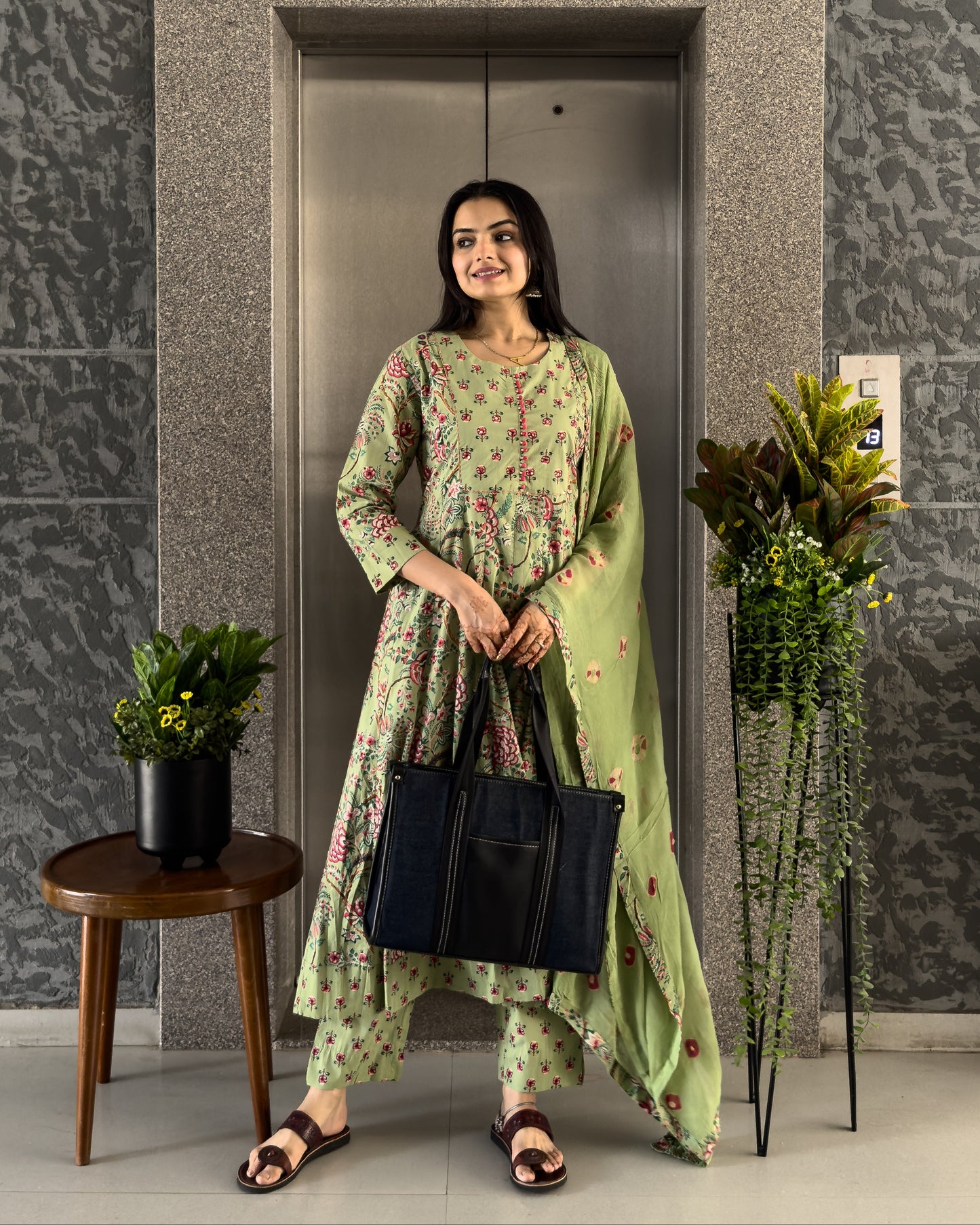 Pista Anarkali Kurta Pant Set with Dupatta