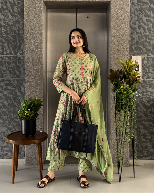 Pista Anarkali Kurta Pant Set with Dupatta