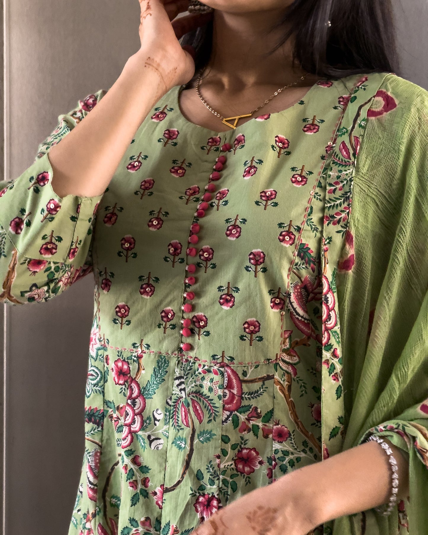 Pista Anarkali Kurta Pant Set with Dupatta