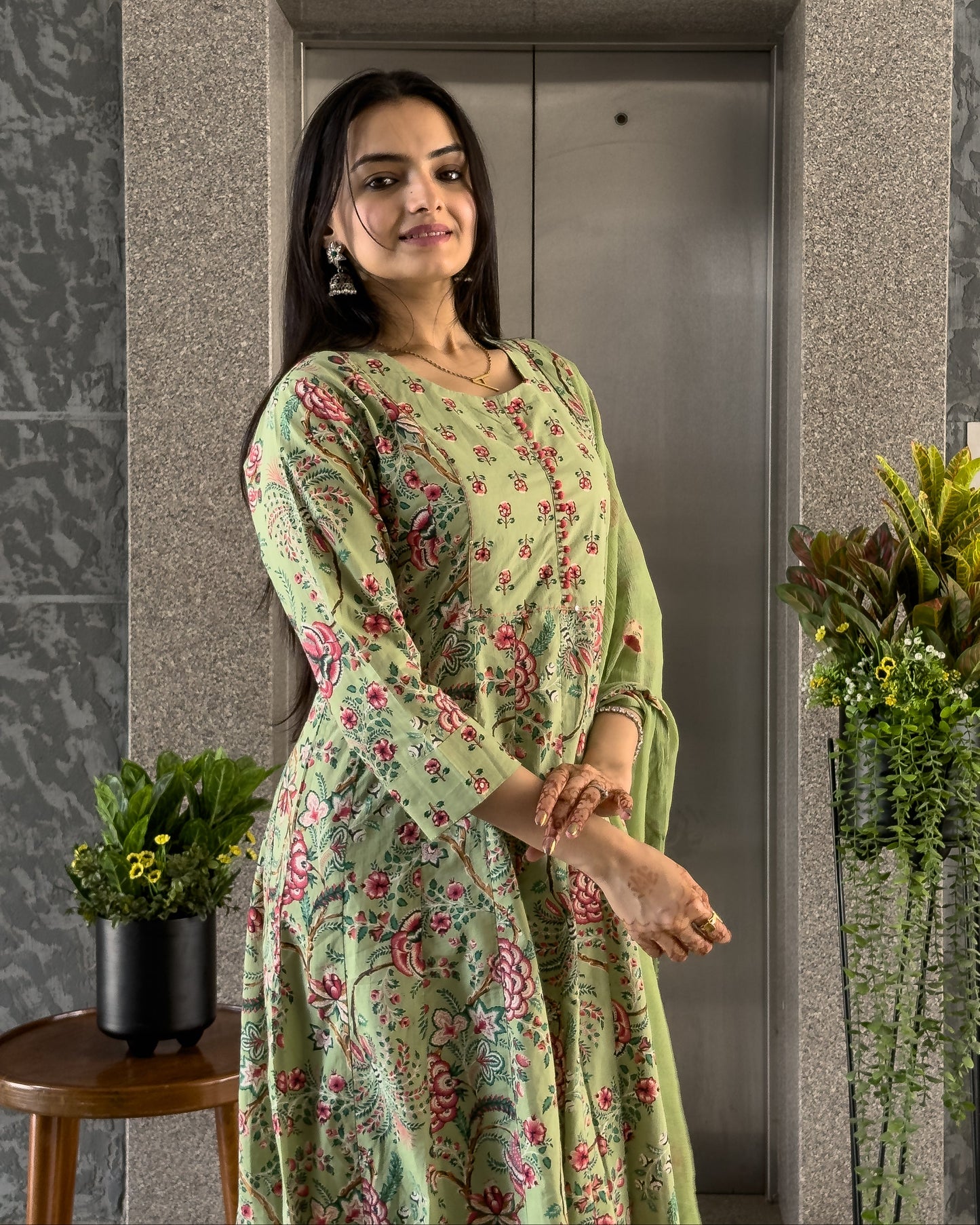 Pista Anarkali Kurta Pant Set with Dupatta