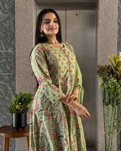 Pista Anarkali Kurta Pant Set with Dupatta