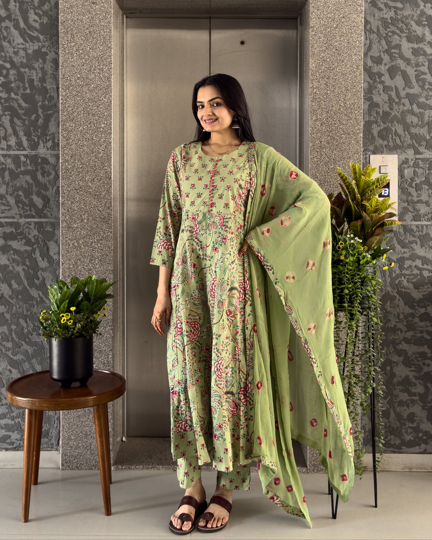 Pista Anarkali Kurta Pant Set with Dupatta