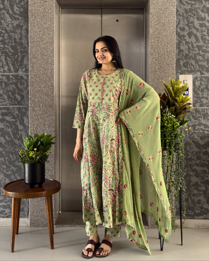 Pista Anarkali Kurta Pant Set with Dupatta