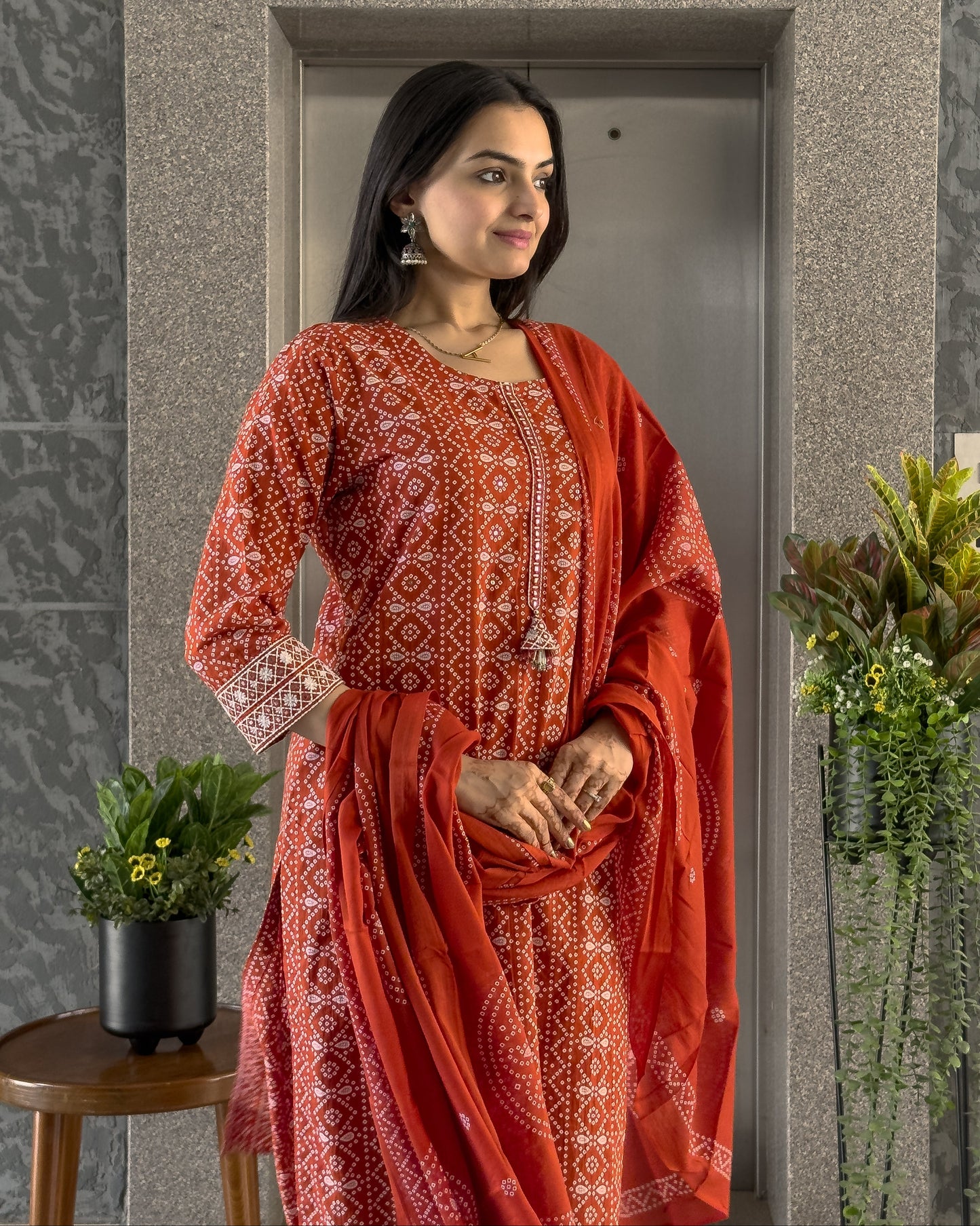 Orange Cotton Bandhani Kurta Pant Set with Dupatta