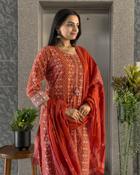 Orange Cotton Bandhani Kurta Pant Set with Dupatta