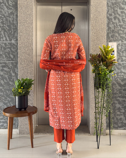 Orange Cotton Bandhani Kurta Pant Set with Dupatta
