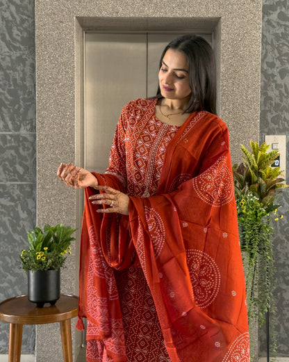 Orange Cotton Bandhani Kurta Pant Set with Dupatta