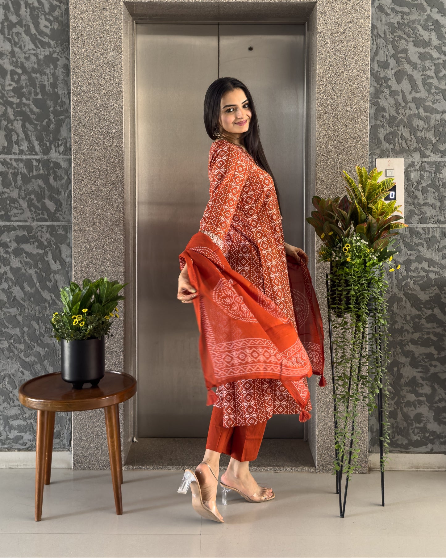 Orange Cotton Bandhani Kurta Pant Set with Dupatta