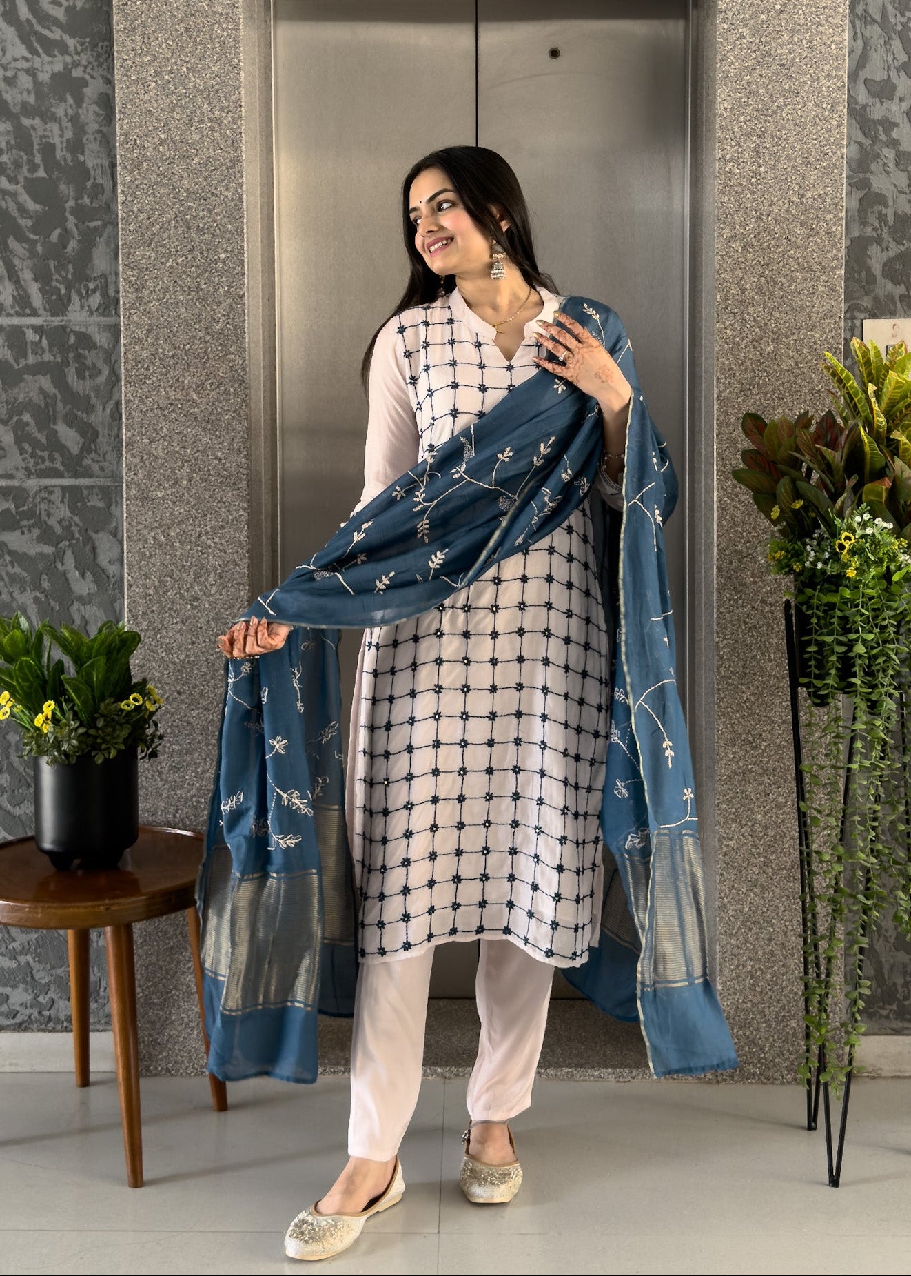 White Mal Chanderi Straight Kurta Pant Set with Dupatta