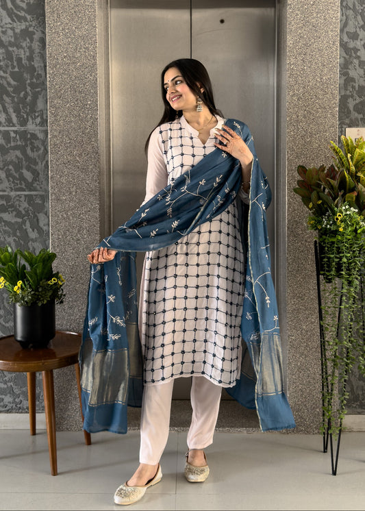 White Mal Chanderi Straight Kurta Pant Set with Dupatta