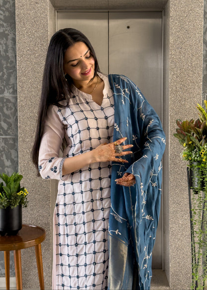 White Mal Chanderi Straight Kurta Pant Set with Dupatta