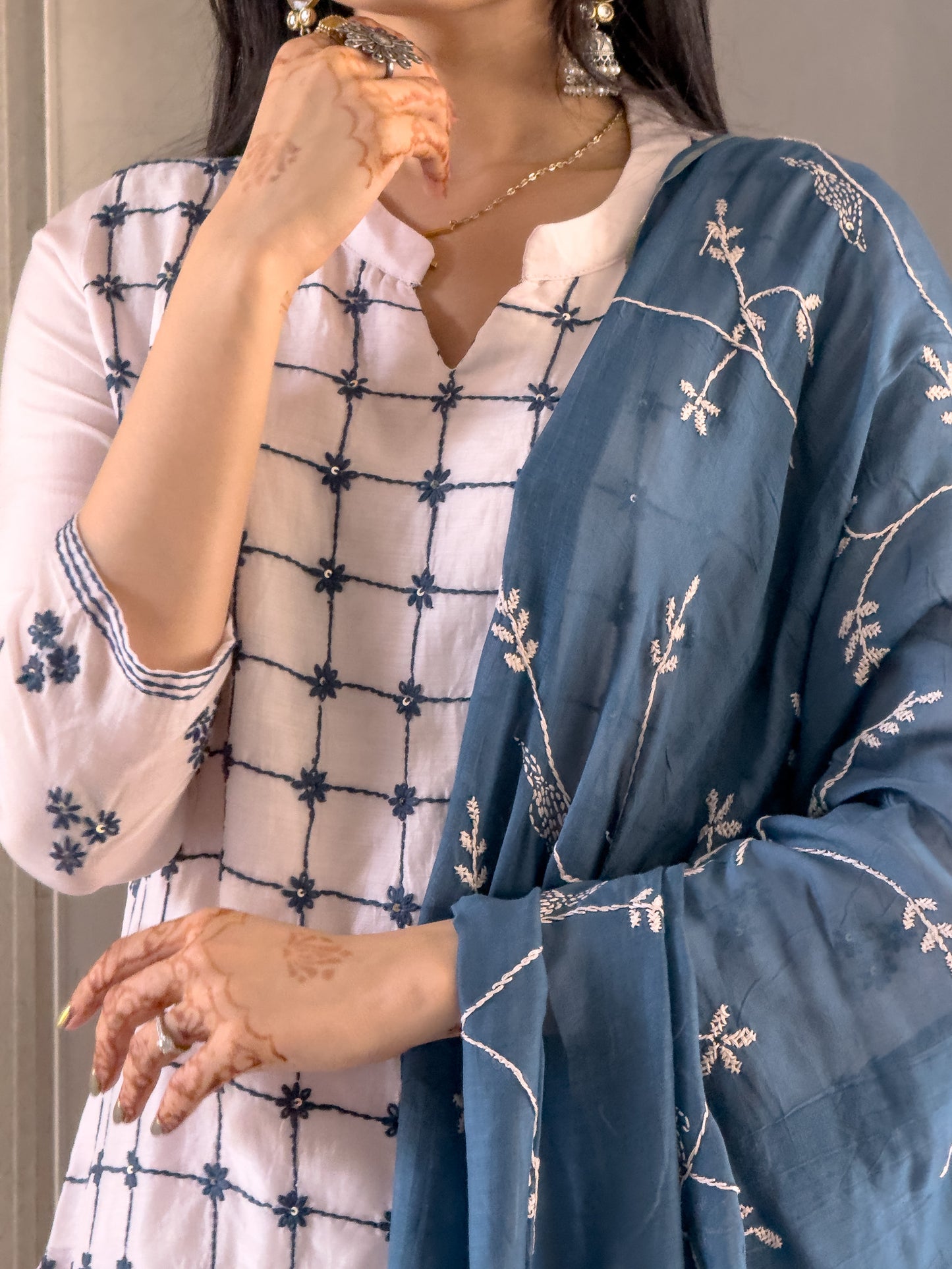 White Mal Chanderi Straight Kurta Pant Set with Dupatta