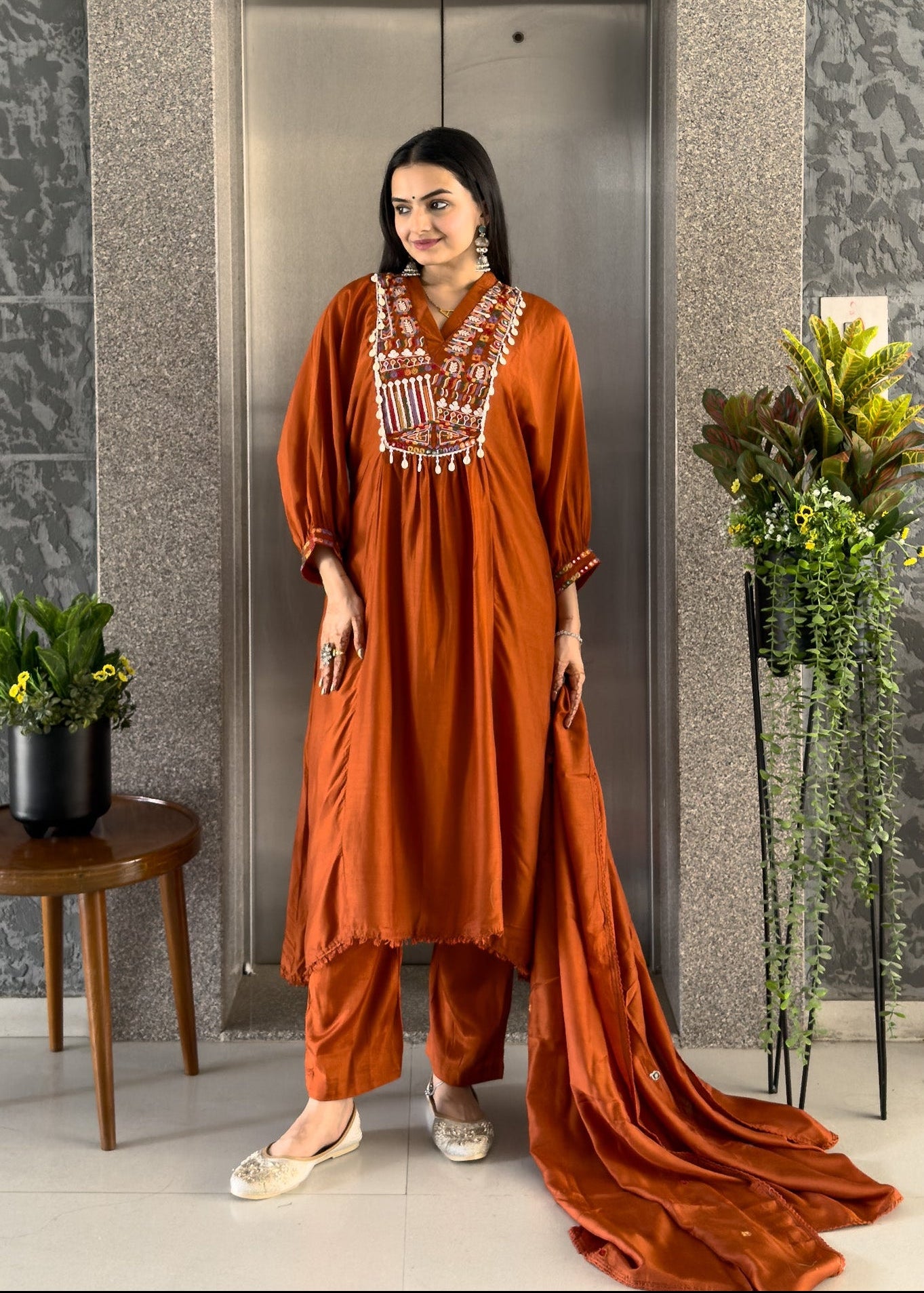 Rust Anarkali Kurta Pant Set with Dupatta