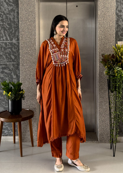 Rust Anarkali Kurta Pant Set with Dupatta