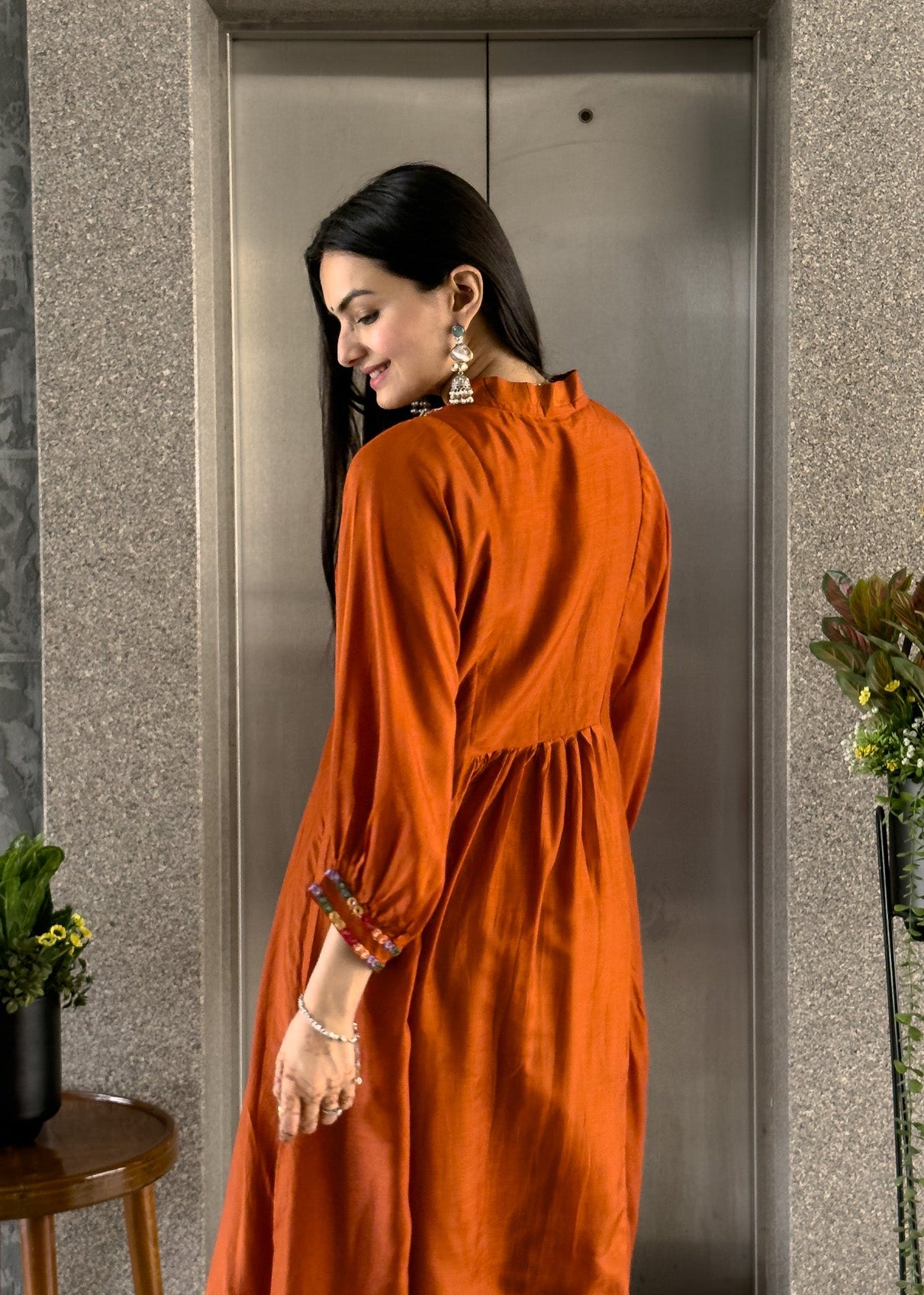 Rust Anarkali Kurta Pant Set with Dupatta