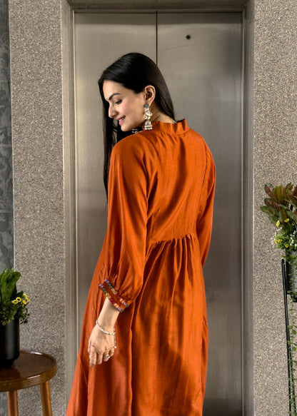 Rust Anarkali Kurta Pant Set with Dupatta
