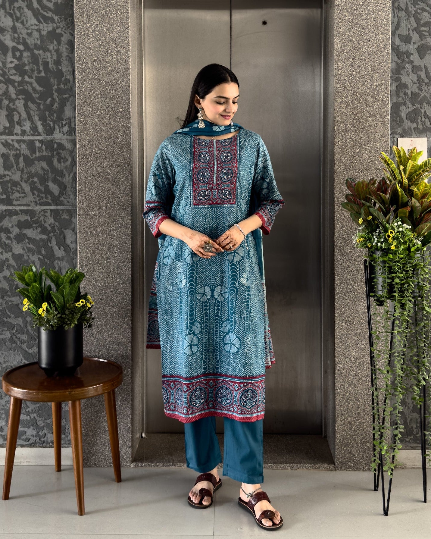Blue Straight Kurta Pant Set with Dupatta