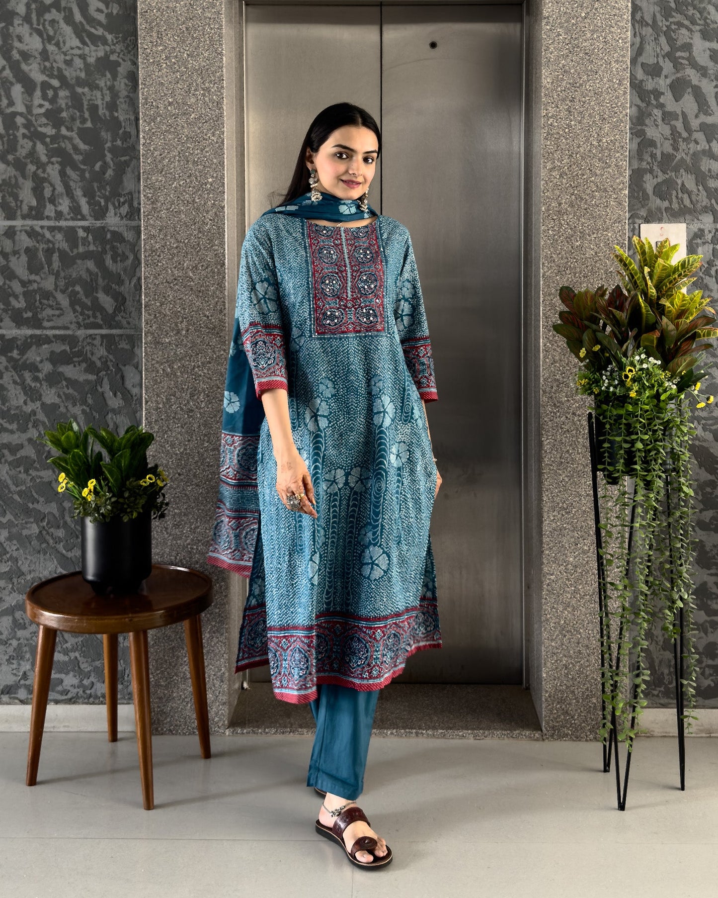 Blue Straight Kurta Pant Set with Dupatta