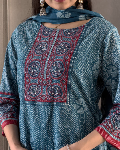 Blue Straight Kurta Pant Set with Dupatta