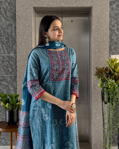 Blue Straight Kurta Pant Set with Dupatta