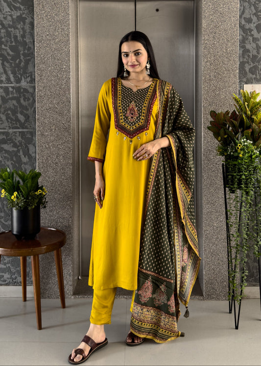 Yellow Gaji Silk A-line Kurta Pant Set with Dupatta