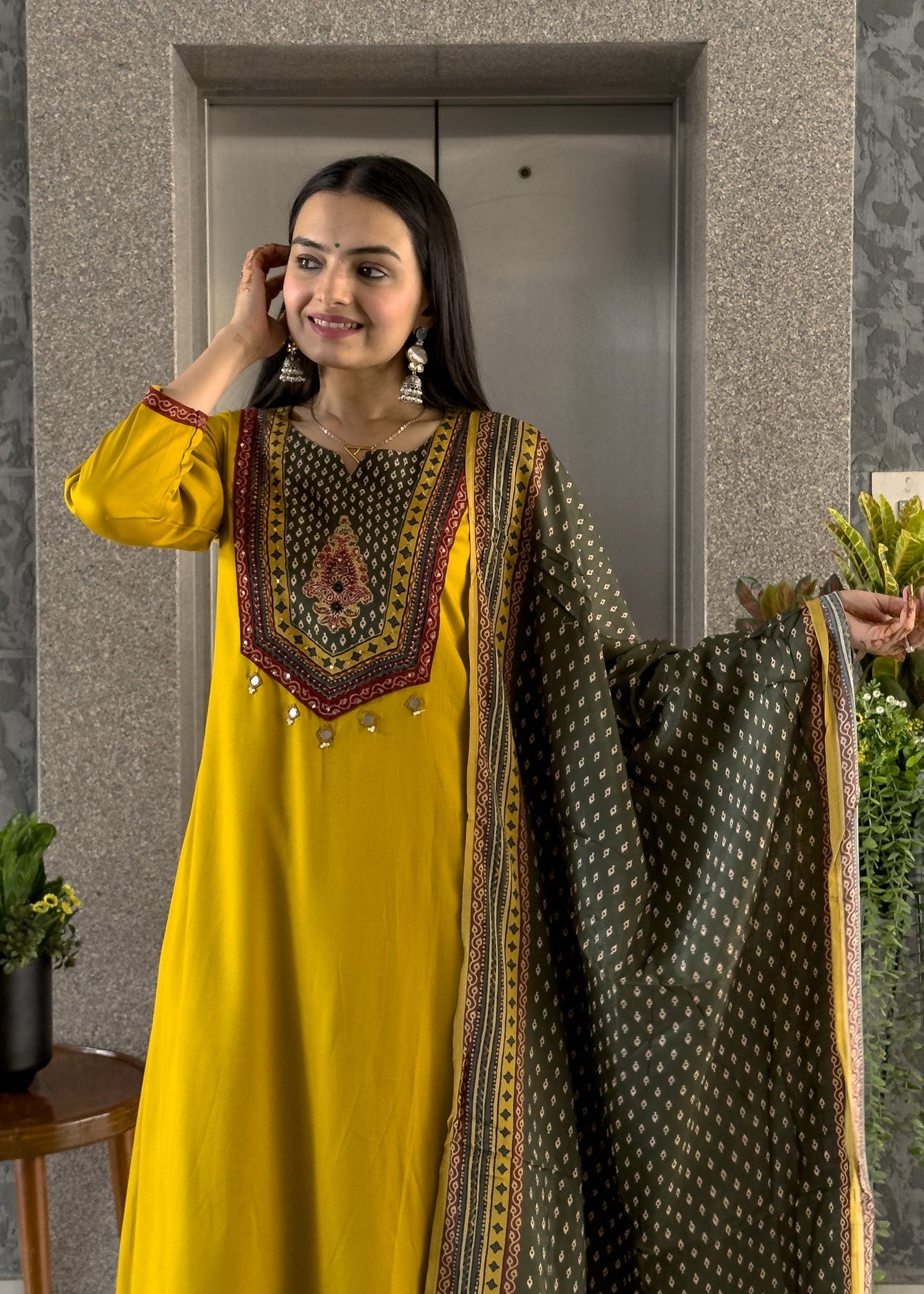 Yellow Gaji Silk A-line Kurta Pant Set with Dupatta